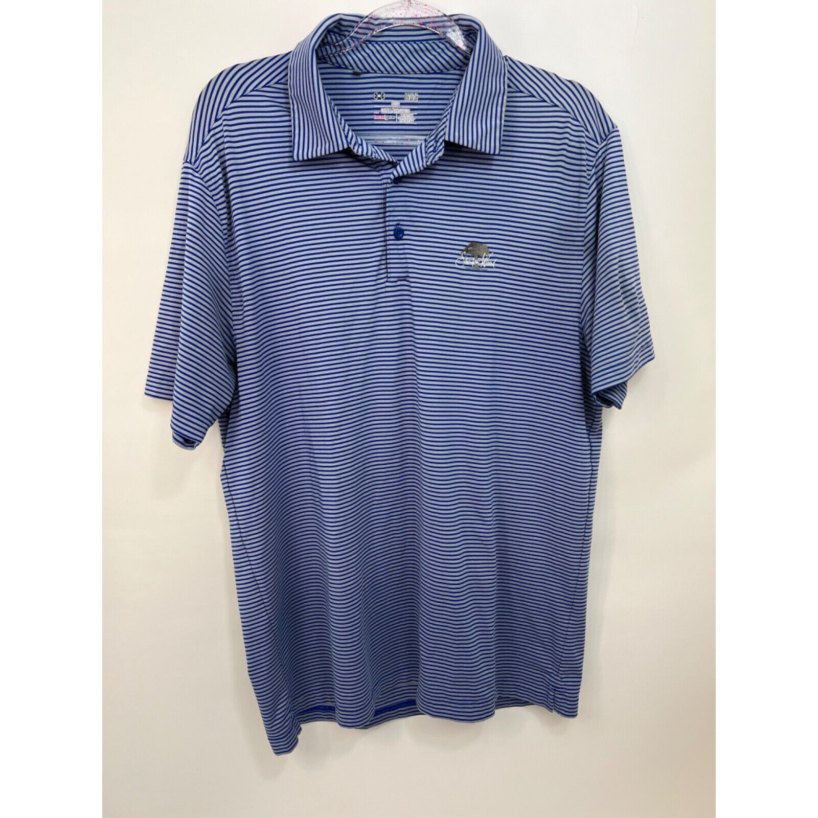 Mens Under Armour Heatgear Shadow Wood Polo Golf Shirt Size L Gray Blue Stripes